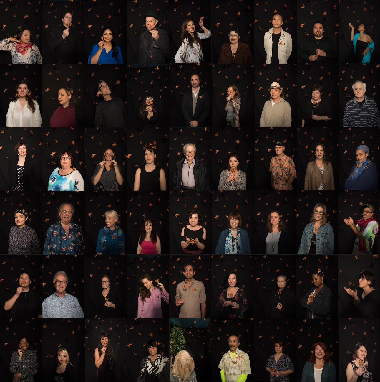 A collage of participant portraits with monarch butterflies